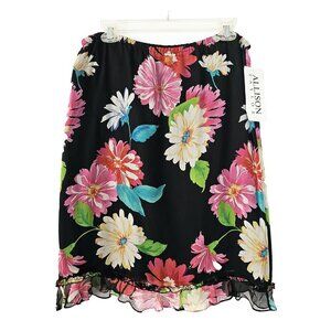 Allison Taylor Y2K 90's Vintage Large Silk Black Floral Print Ruffled Hem Skirt